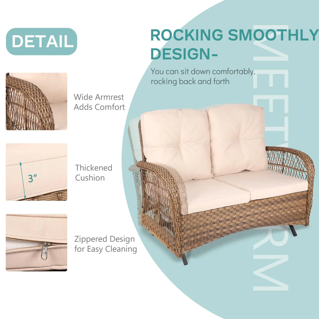 Outdoor Wicker Patio Glider Set with Glass-Top Coffee Table D505770