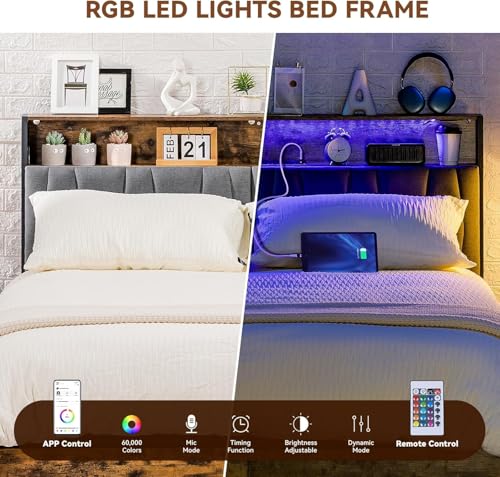 Queen Platform Bed Frame with LED Lights and Charging Station L448661