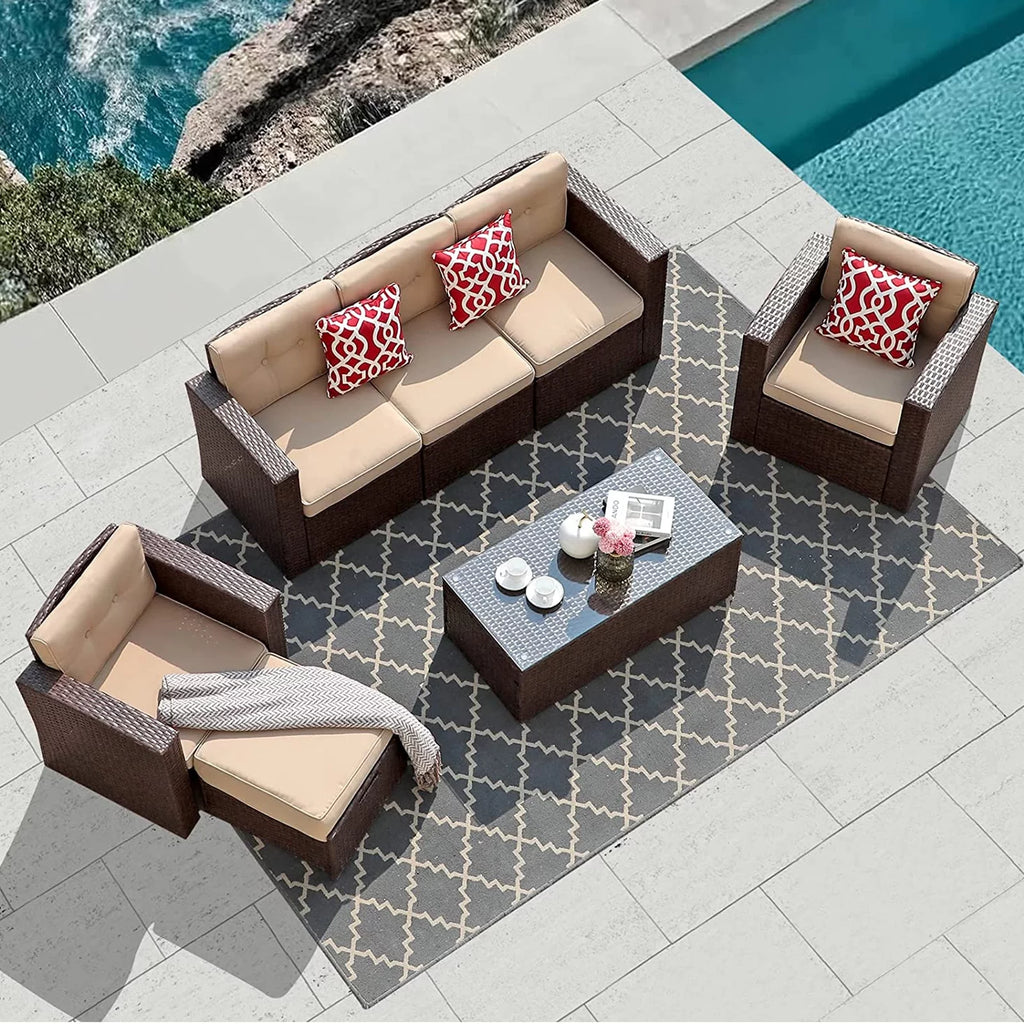 7 Pieces Rattan Patio Furniture Set with Beige Cushions B220