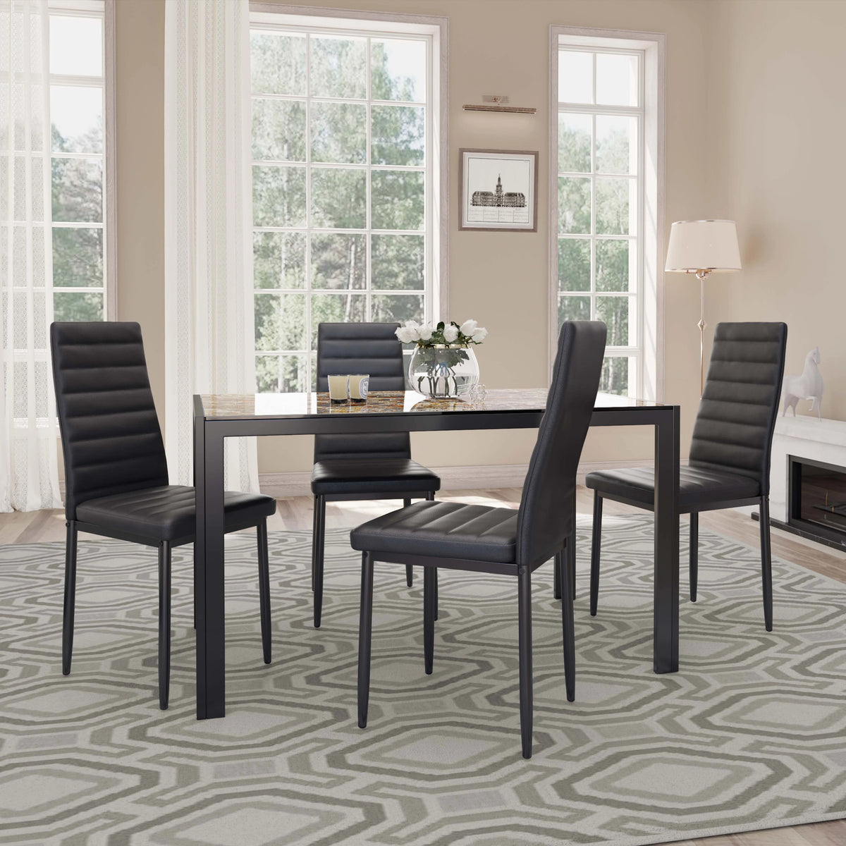 5-Piece Rectangular Kitchen Dining Table Set for 4 Black J72328