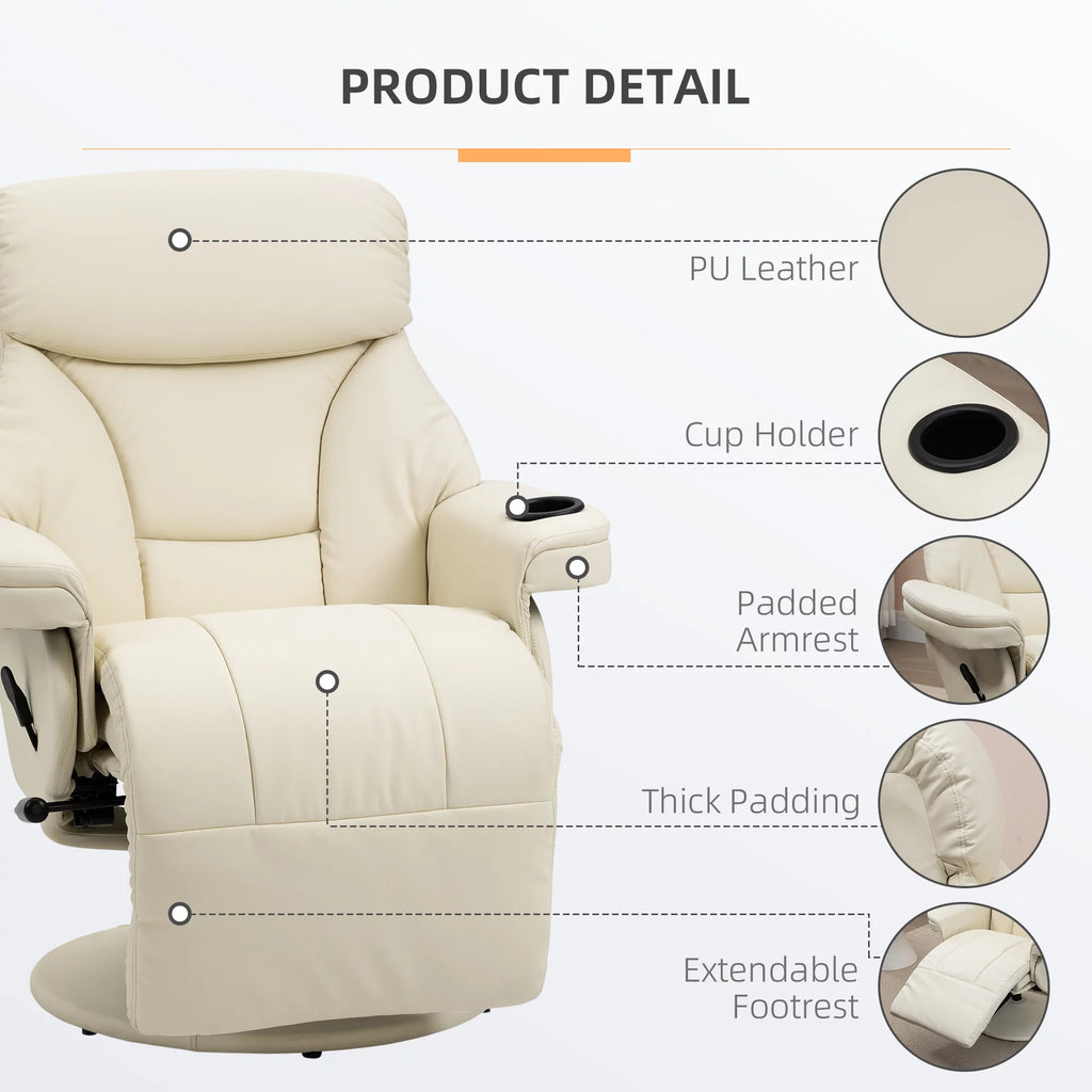 Cream White Manual Recliner Swivel Armchair with Cup Holder M4355