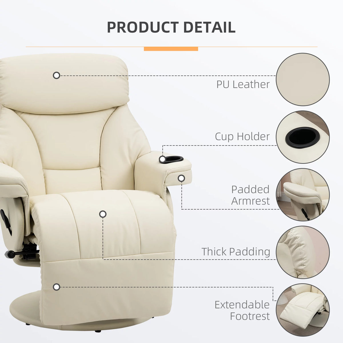 Cream White Manual Recliner Swivel Armchair with Cup Holder M4355