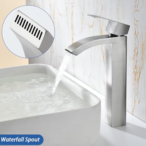 Black Tall Waterfall Single Handle 1 Hole Bathroom Faucet with Pop Up Drain and Hoses D53436