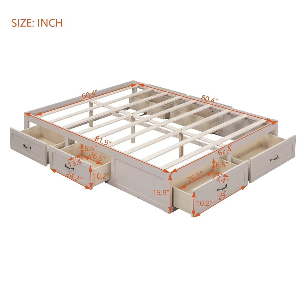 Antique White Wood Queen Size Platform Bed with 6 Drawers W345779
