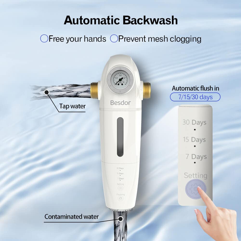 Spin Down Sediment Water Filter, 40 Micron Auto Flushing, Reusable Whole House Prefilter System, 1" MNPT + 3/4" FNPT + 3/4" MNPT, BPA Free, 20 GPM T3002