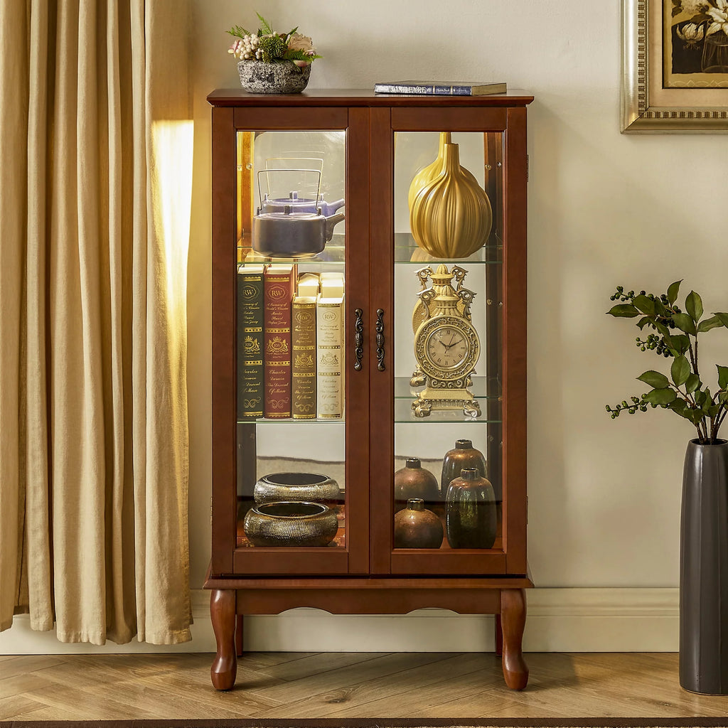 3 Shelf Lighted Curio Cabinet with Adjustable Shelves and Mirrored Back Panel Q81326