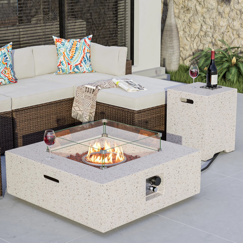 35-inch Square Terrazzo White Propane Fire Pit with Wind Guard and Side Table F5936