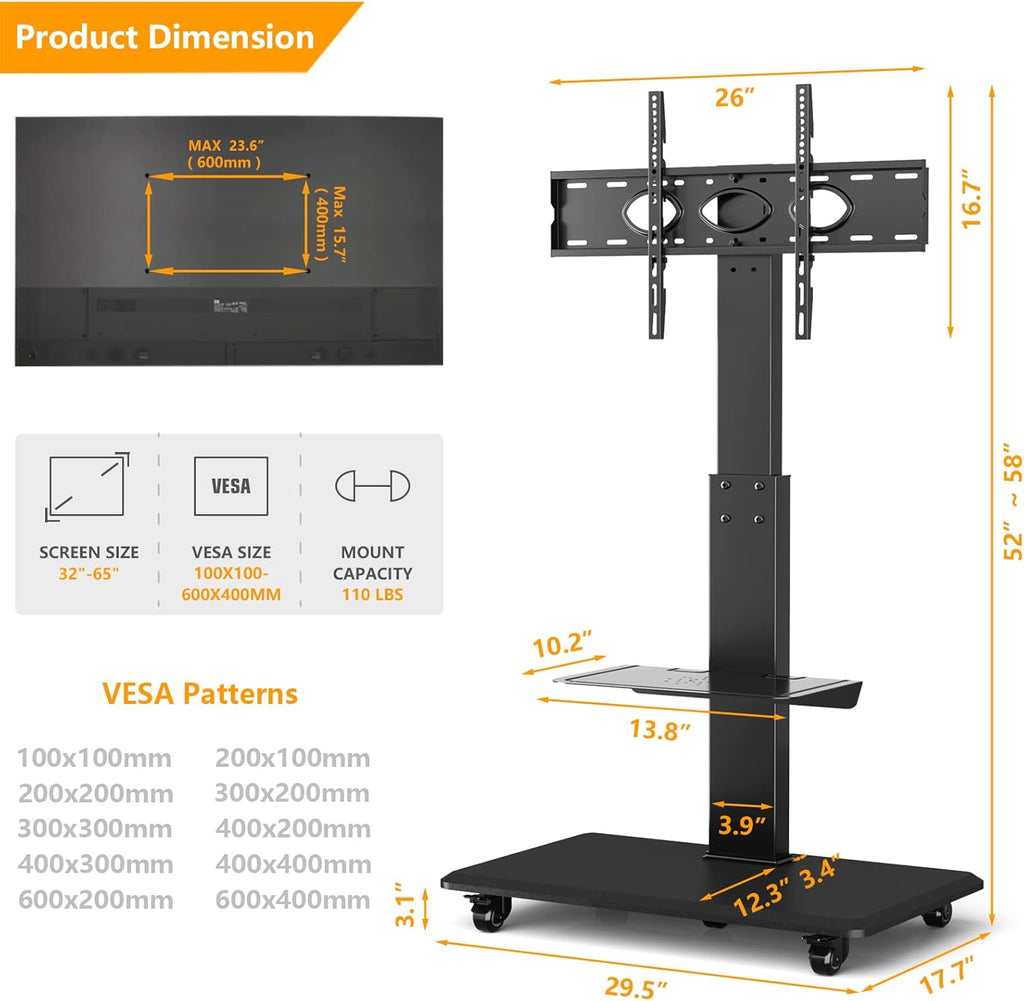 Tall Rolling Floor TV Stand with Lockable Caster Wheels and Shelves, Black A726613