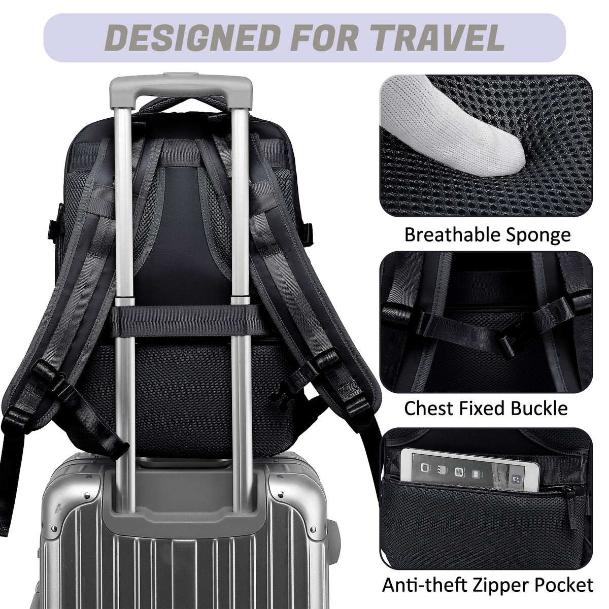 Black Waterproof Laptop Travel Backpack with USB Charging Port X643086