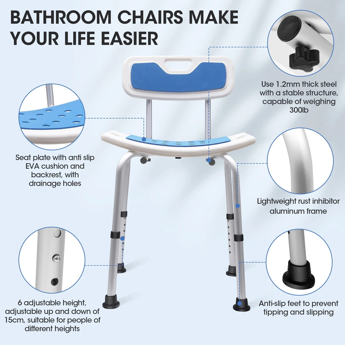 Bath and Shower Chair with Back and Padded Armrests, Height Adjustable L23416