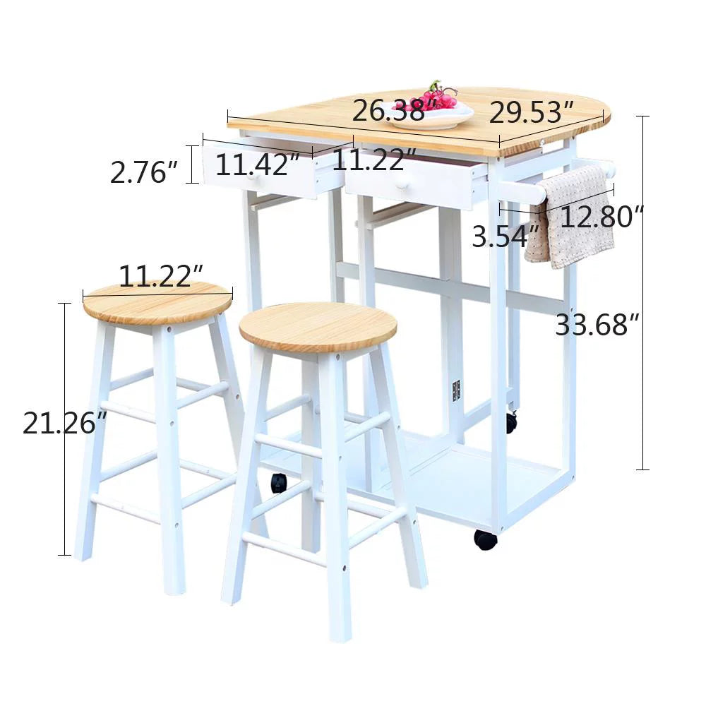 Folding Kitchen Cart Island Trolley with 2 Stools M59064
