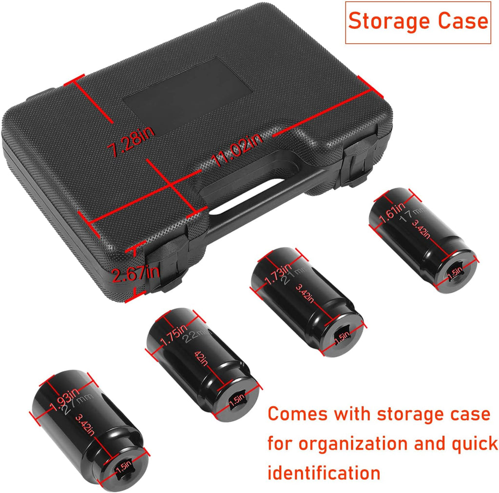 4pcs 1/2 Inch Drive Deep Impact Socket Set 17mm 21mm 22mm 27mm with Storage Case R740