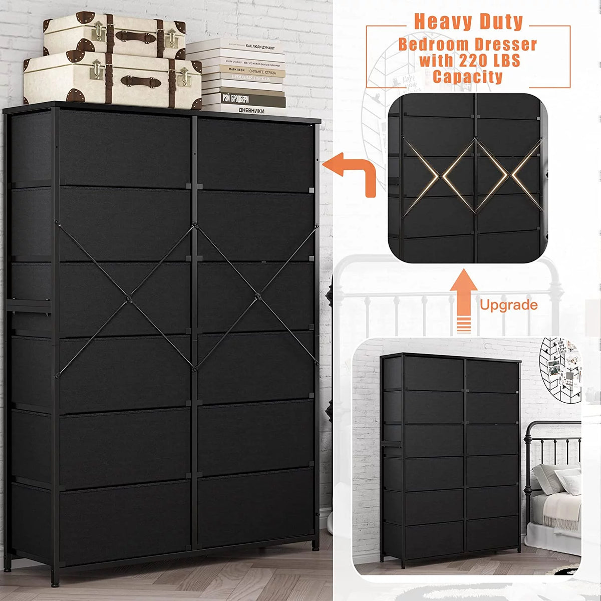 12 Drawer Fabric Dresser with Wood Top and Metal Frame T990