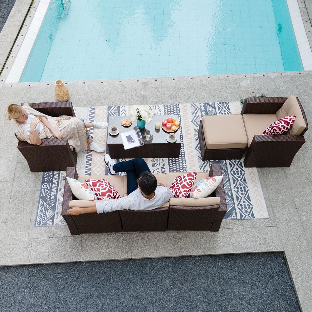 7 Pieces Rattan Patio Furniture Set with Beige Cushions B220