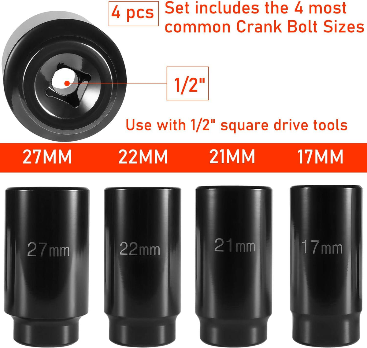 4pcs 1/2 Inch Drive Deep Impact Socket Set 17mm 21mm 22mm 27mm with Storage Case R740