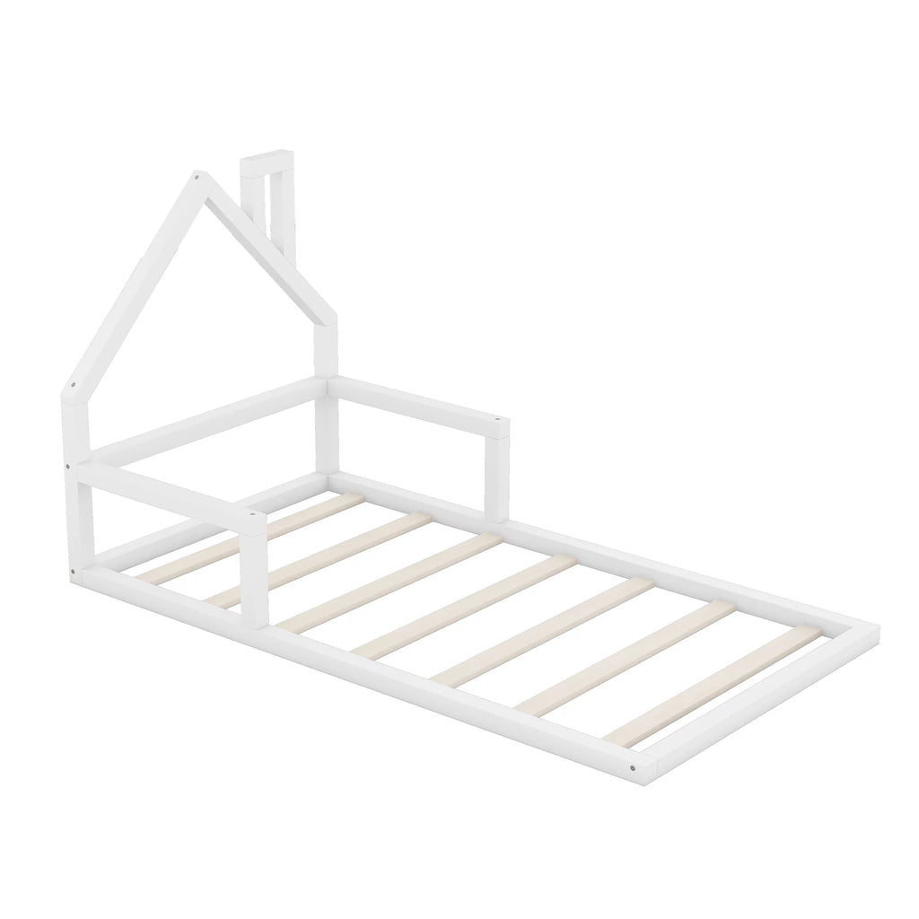 White Twin Size Wood Floor Bed with House-shaped Headboard G181