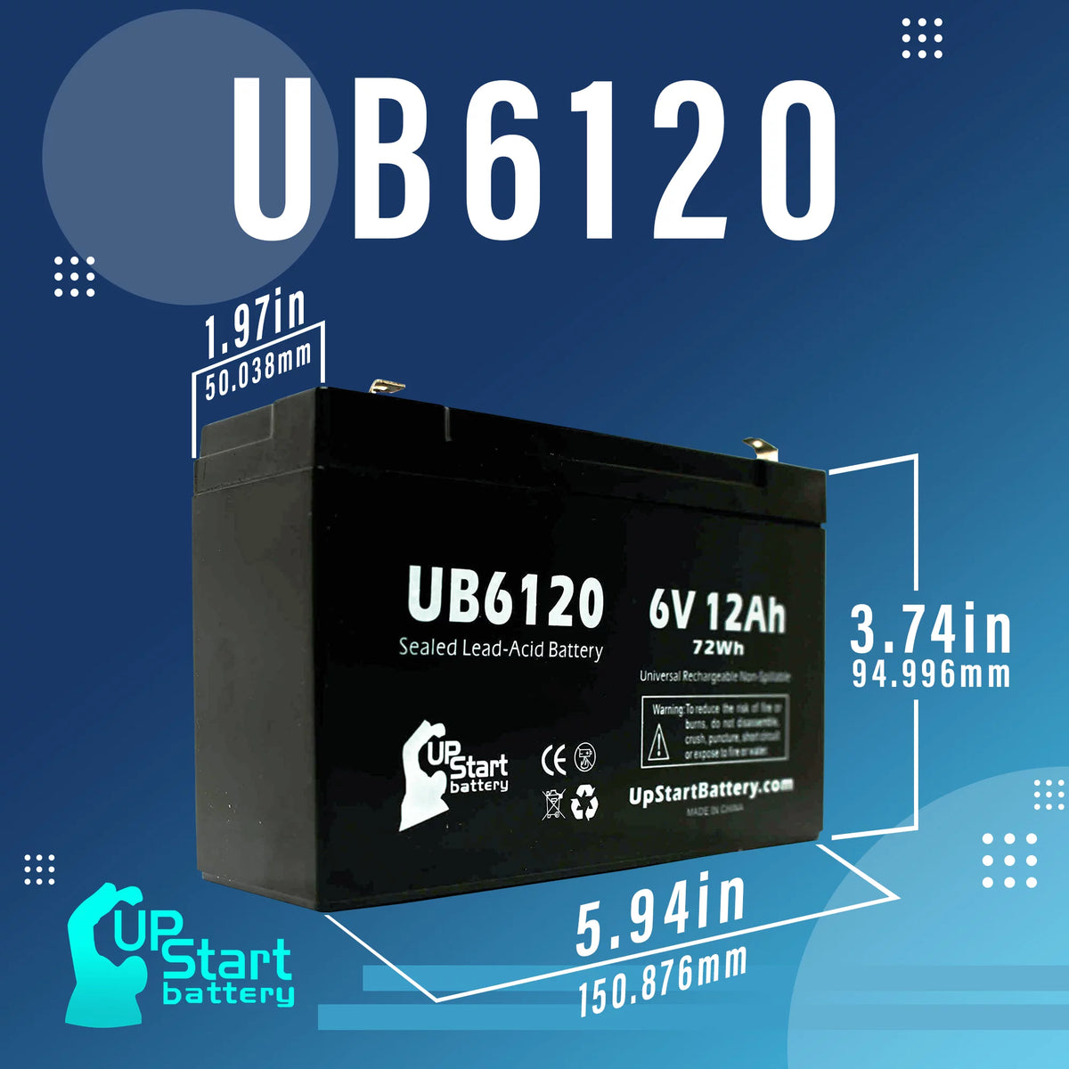 6V 12Ah Sealed Lead Acid Battery with F1 to F2 Terminal Adapters H5300