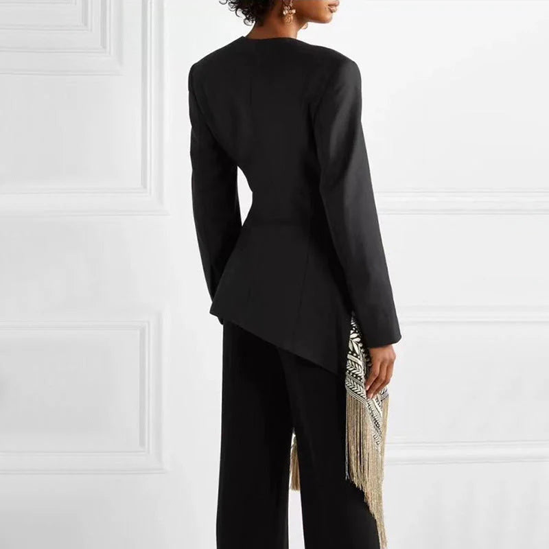 Aztec Embroidery Fringe Asymmetric Longline Blazer Dress A160