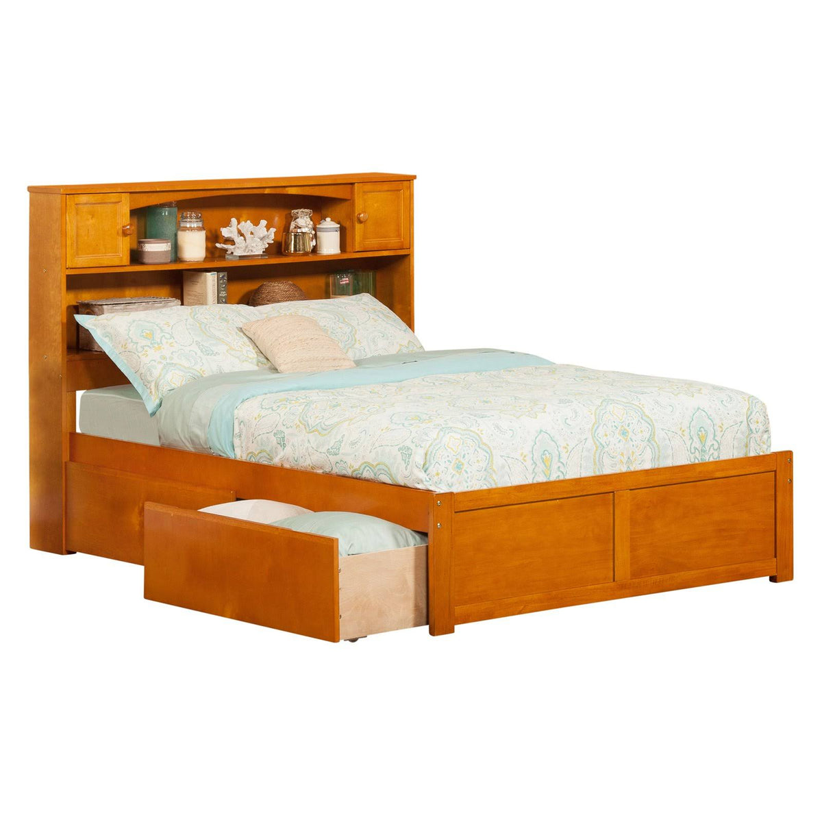 Twin Flat Panel Foot Board with 2 Bed Drawers Antique Walnut P267