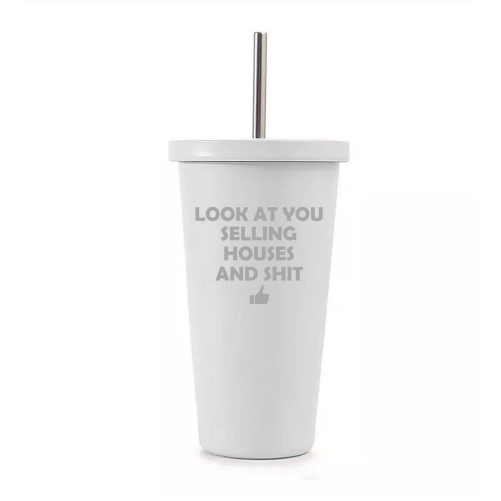16 oz Stainless Steel Double Wall Insulated Tumbler Travel Mug With Straw Z32058