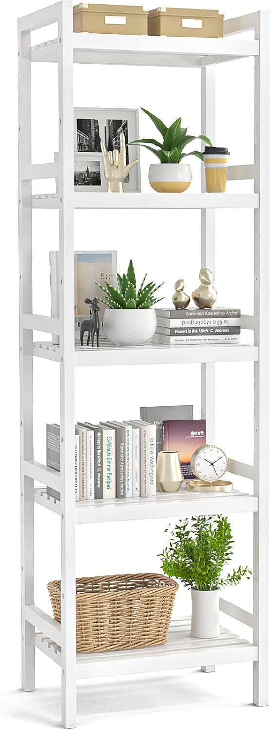 White 5-Tier Narrow Bamboo Bookshelf W38253