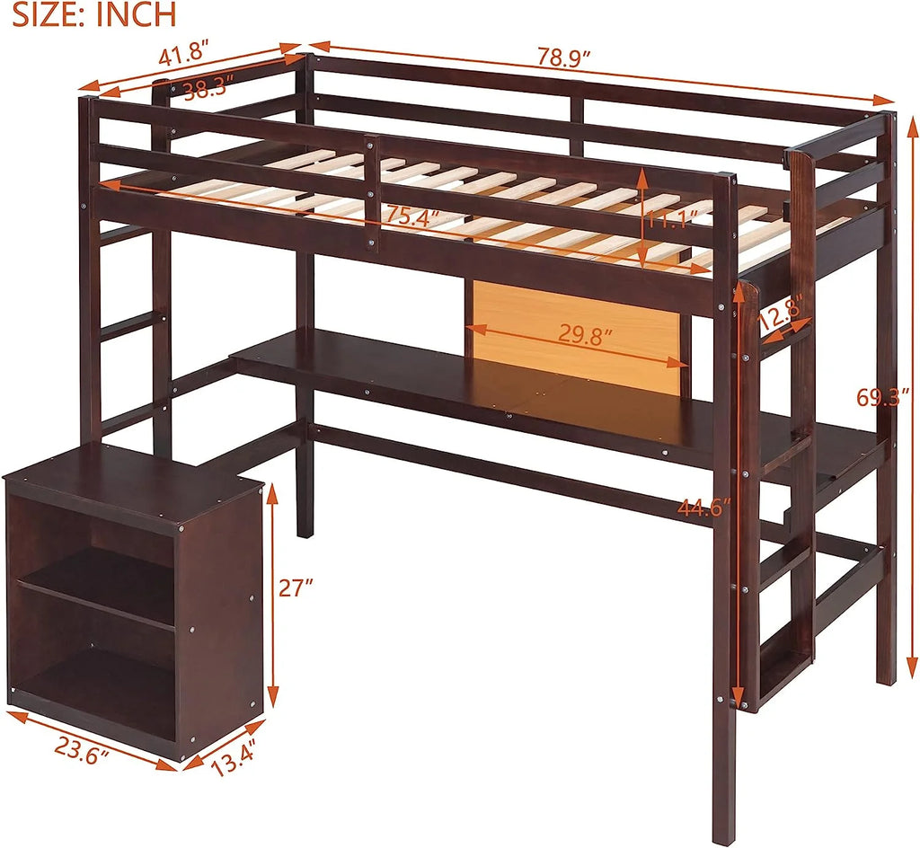Twin Size Loft Bed with Desk 2 Drawers Cabinet and Writing Board U224