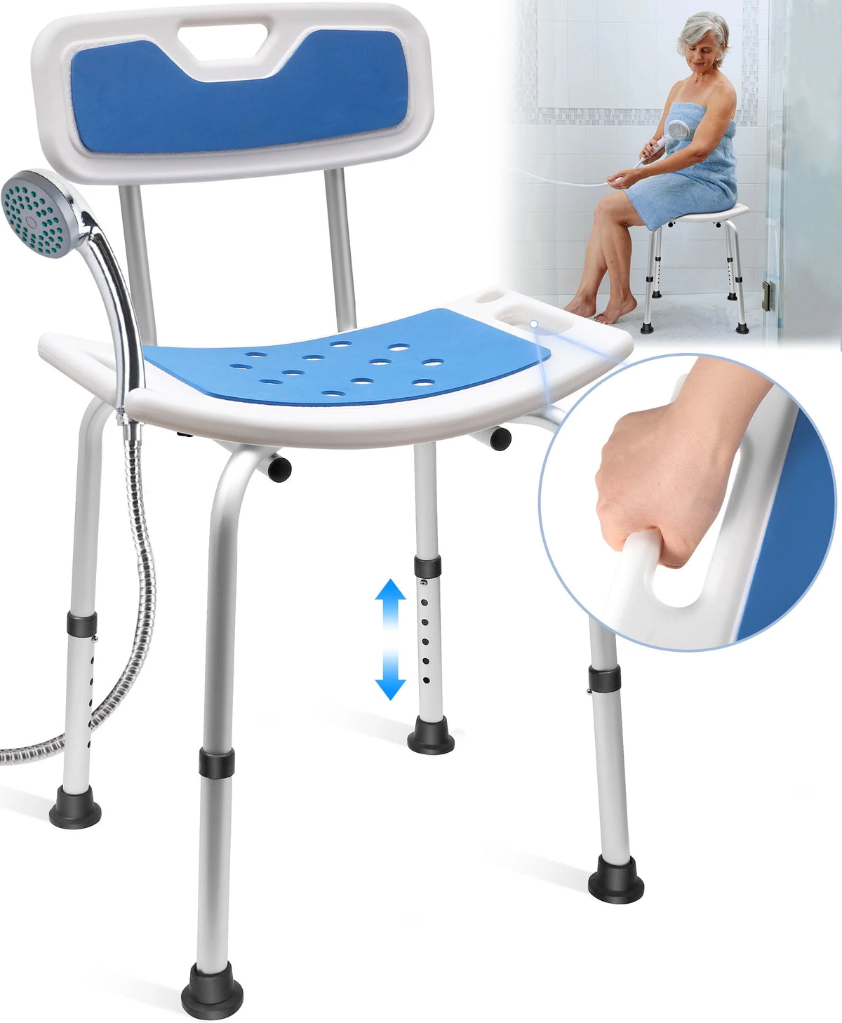 Bath and Shower Chair with Back and Padded Armrests, Height Adjustable L23416