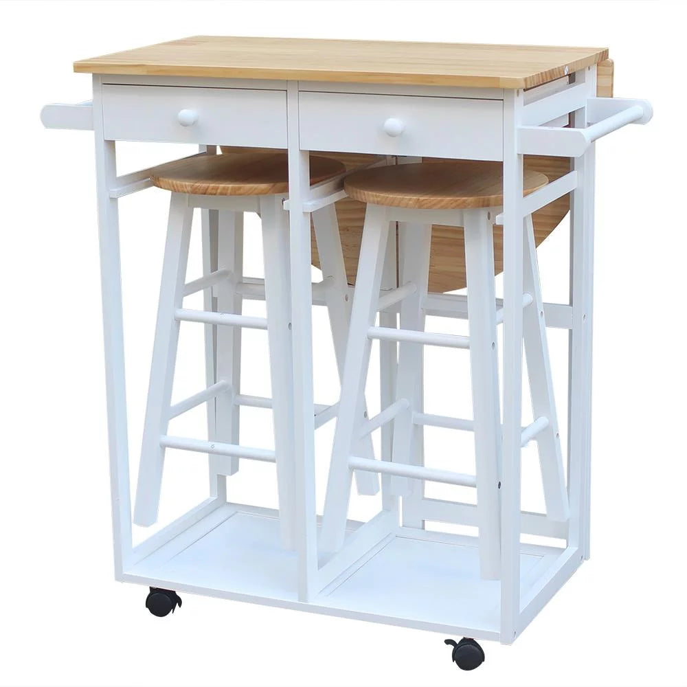 Folding Kitchen Cart Island Trolley with 2 Stools M59064