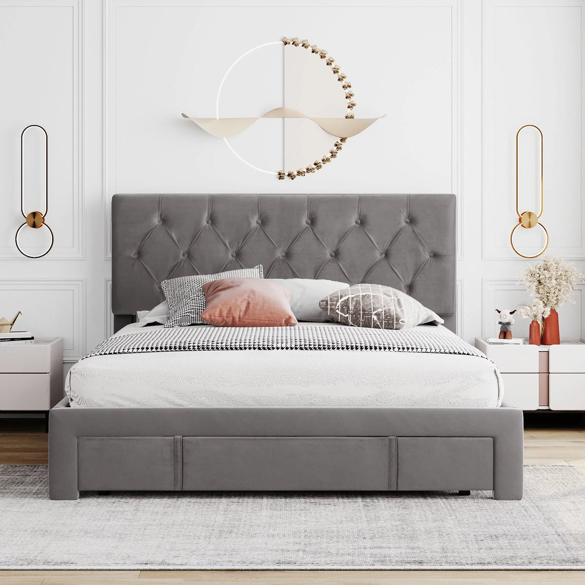Queen Velvet Tufted Upholstered Platform Bed Frame with Drawers A599