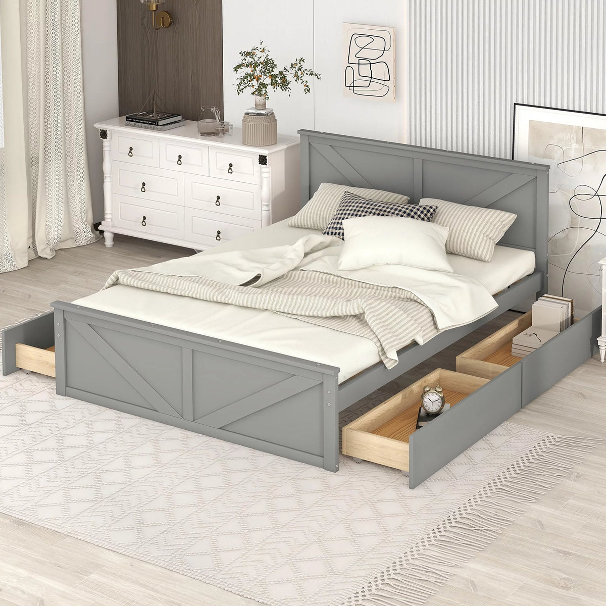 Wood Queen Bed Frame with 4 Storage Drawers V7890