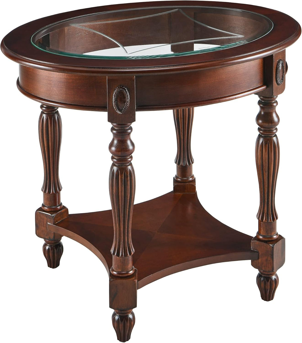 Solid Wood Oval End Table with Tempered Glass and Storage Shelf Walnut P407