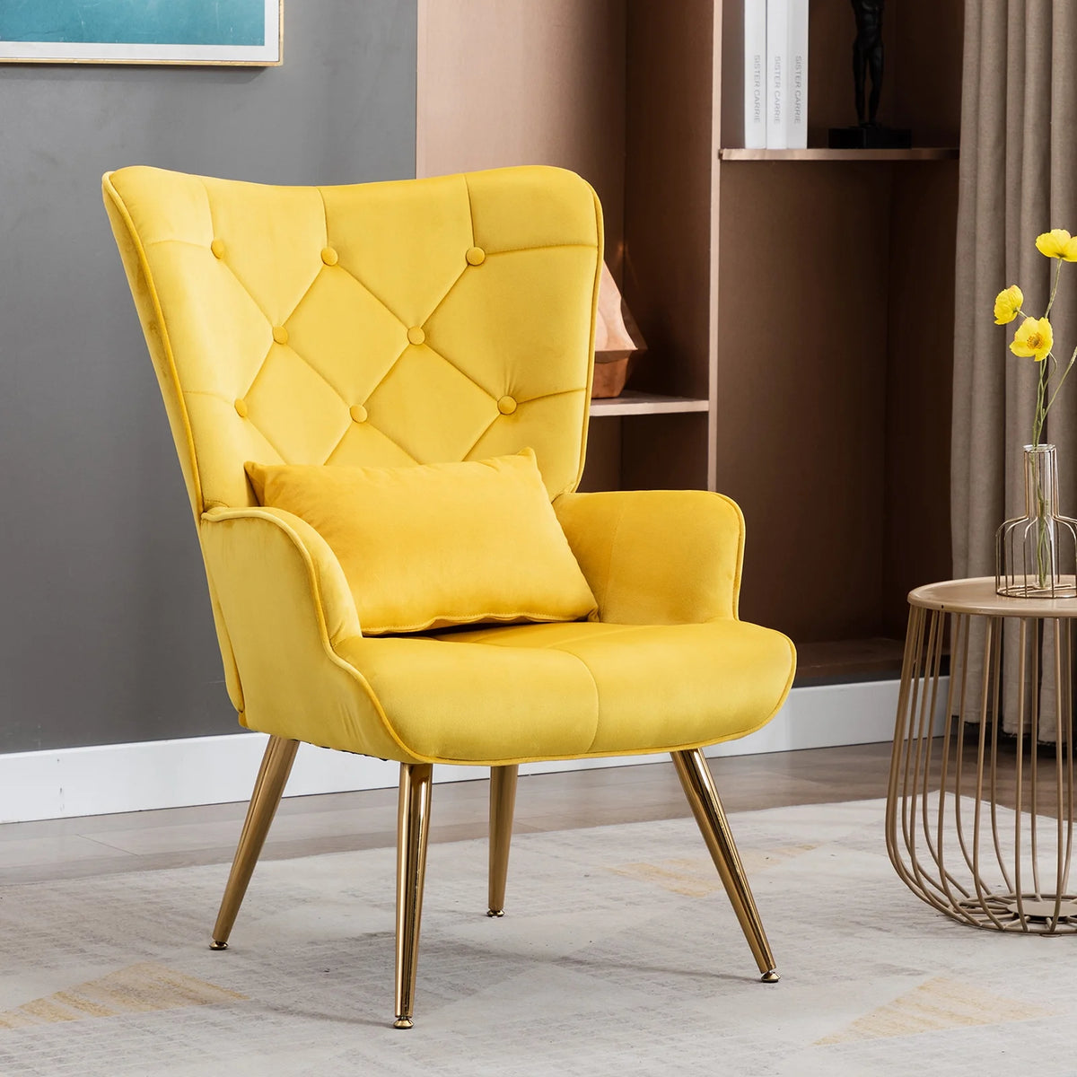 Yellow Velvet Wing Back Accent Chair with Pillow Z82364