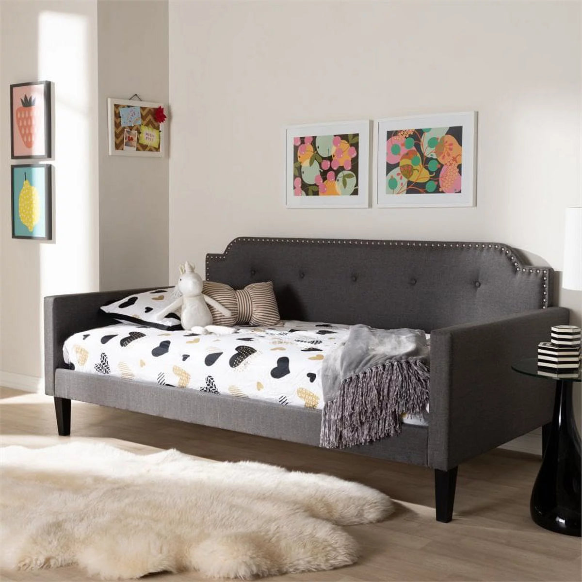 Gray Fabric Tufted Twin Daybed with Wood Frame L39909
