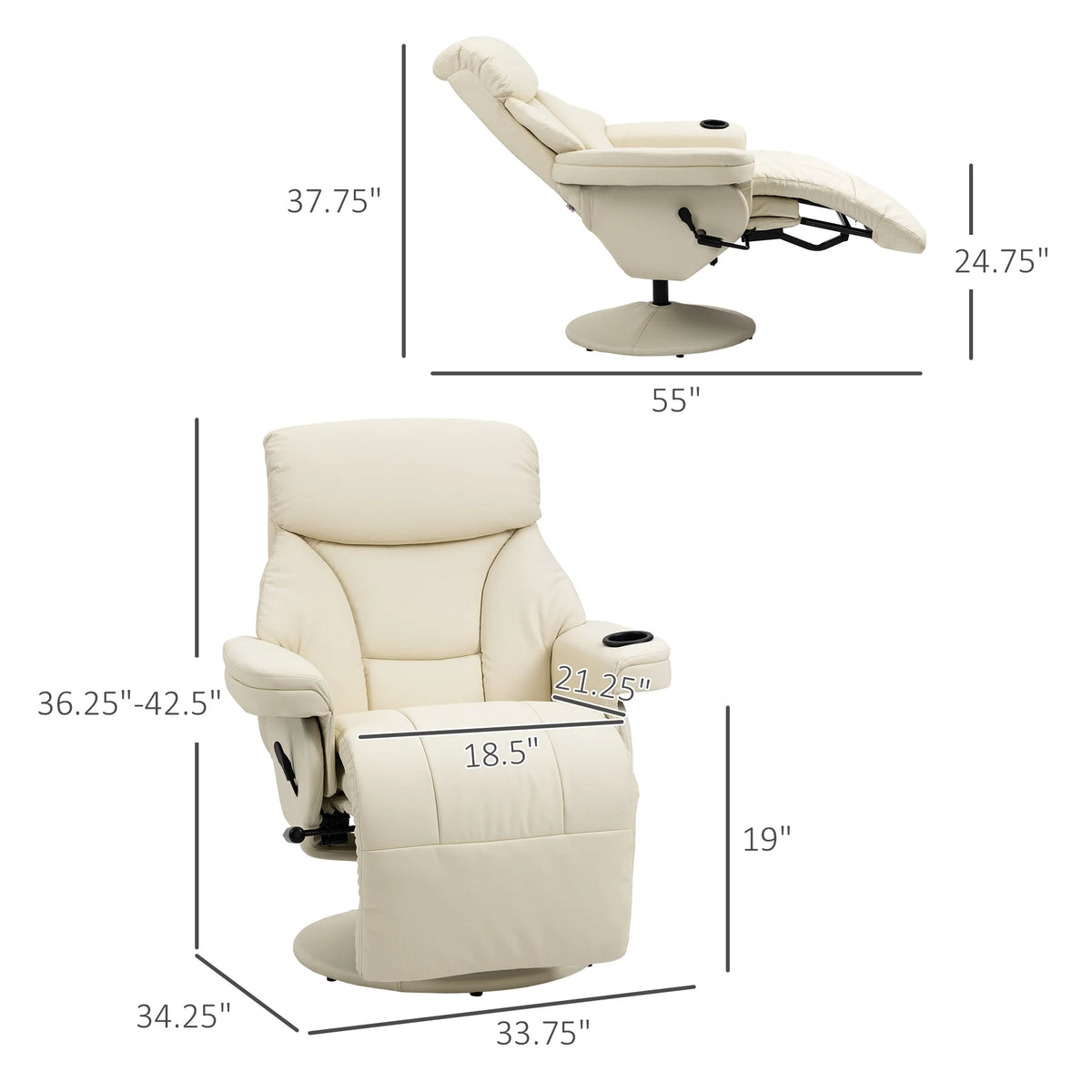 Cream White Manual Recliner Swivel Armchair with Cup Holder M4355