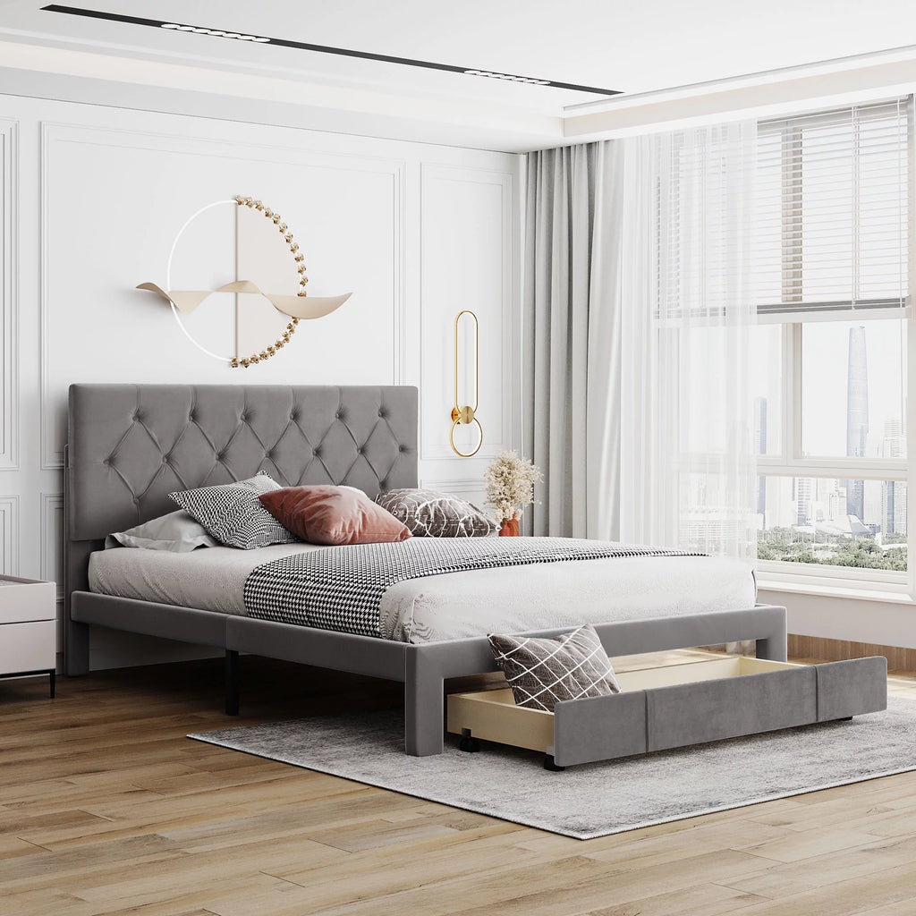 Queen Velvet Tufted Upholstered Platform Bed Frame with Drawers A599