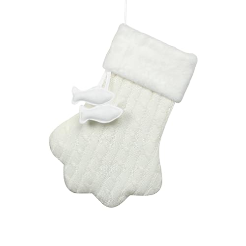 White Knit Cat Paw Christmas Stockings with Faux Fur Cuff S239