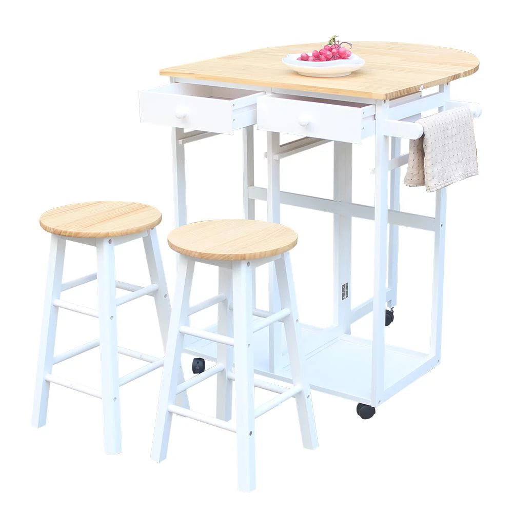 Folding Kitchen Cart Island Trolley with 2 Stools M59064