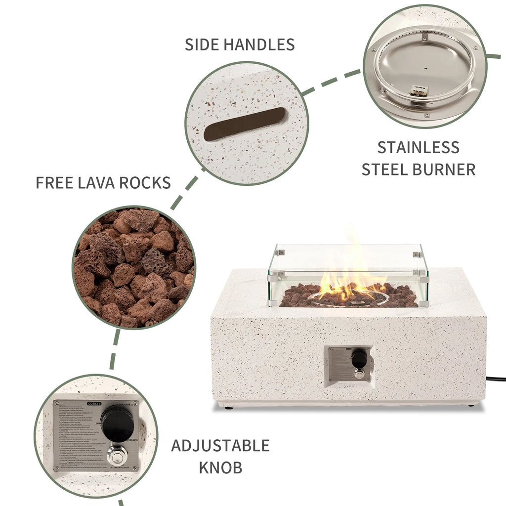 35-inch Square Terrazzo White Propane Fire Pit with Wind Guard and Side Table F5936