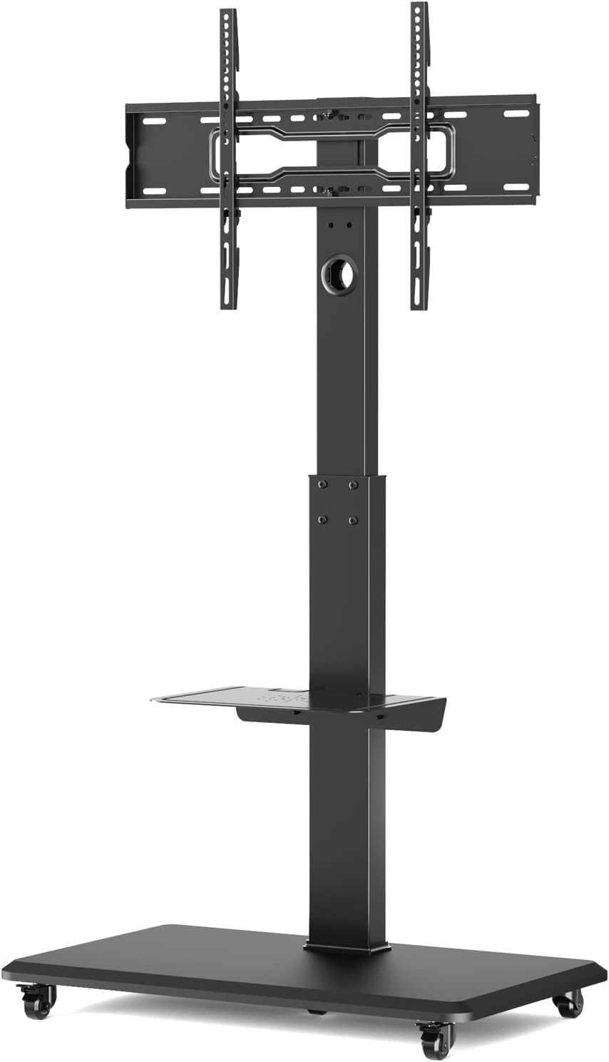Tall Rolling Floor TV Stand with Lockable Caster Wheels and Shelves, Black A726613
