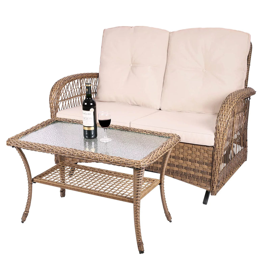 Outdoor Wicker Patio Glider Set with Glass-Top Coffee Table D505770