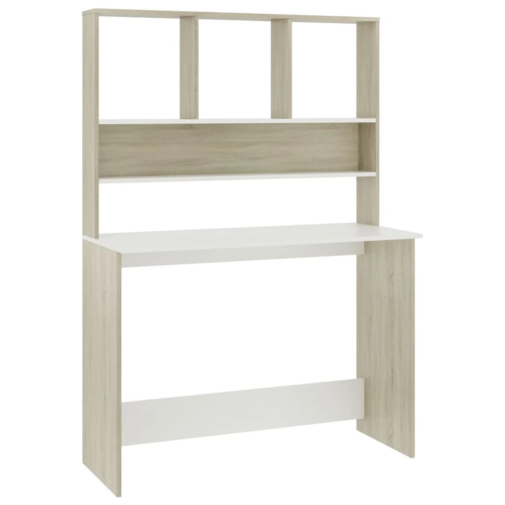 White and Sonoma Oak Engineered Wood Desk with Shelves K53573