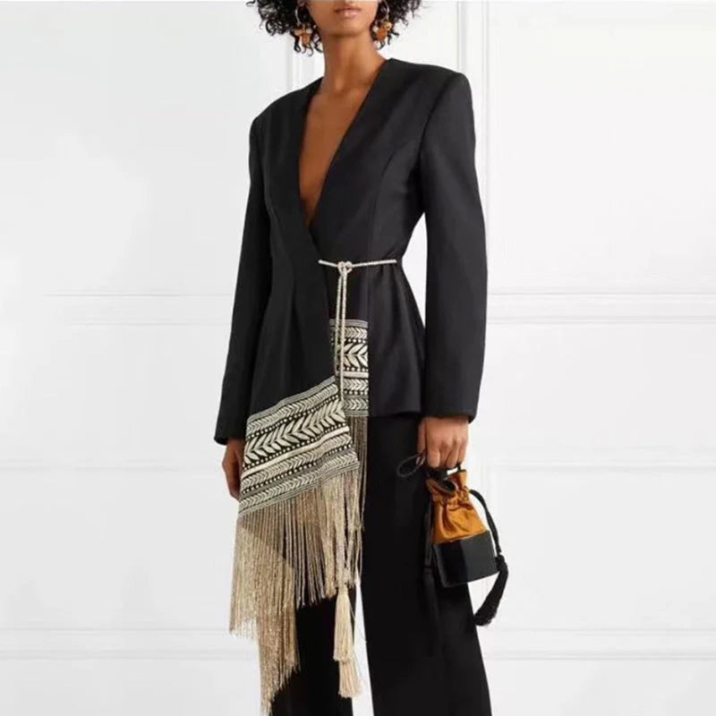 Aztec Embroidery Fringe Asymmetric Longline Blazer Dress A160