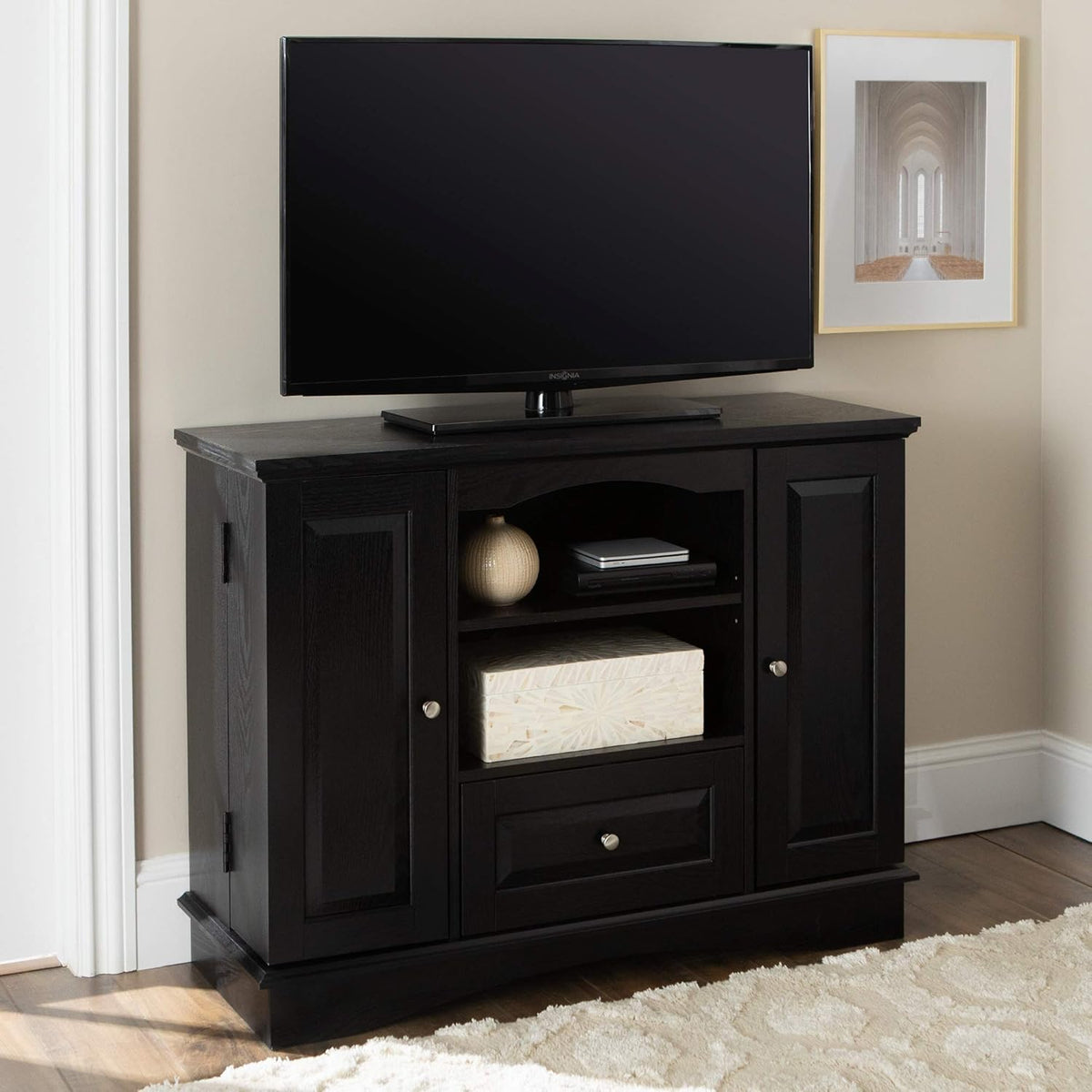 Black 42 Inch Wood TV Stand with Cabinet Doors and Open Shelves N90367