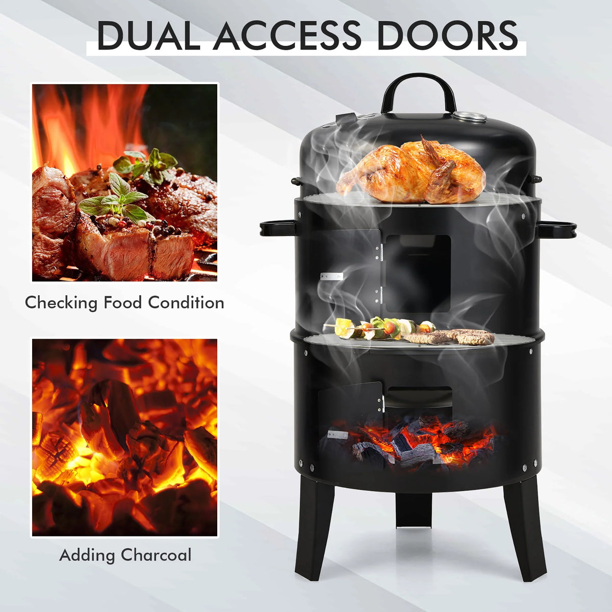 3-in-1 Vertical Charcoal Smoker Grill with 2 Layer J740
