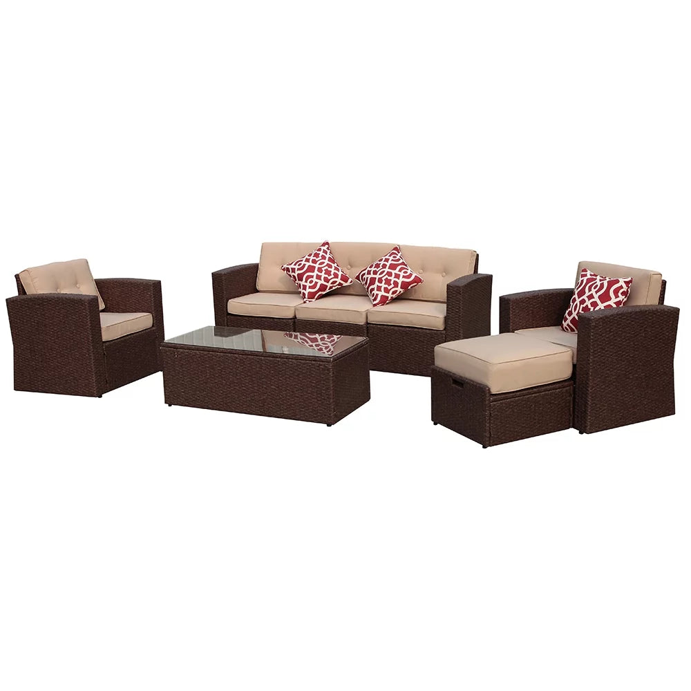 7 Pieces Rattan Patio Furniture Set with Beige Cushions B220