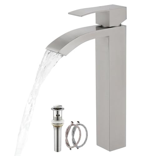 Black Tall Waterfall Single Handle 1 Hole Bathroom Faucet with Pop Up Drain and Hoses D53436