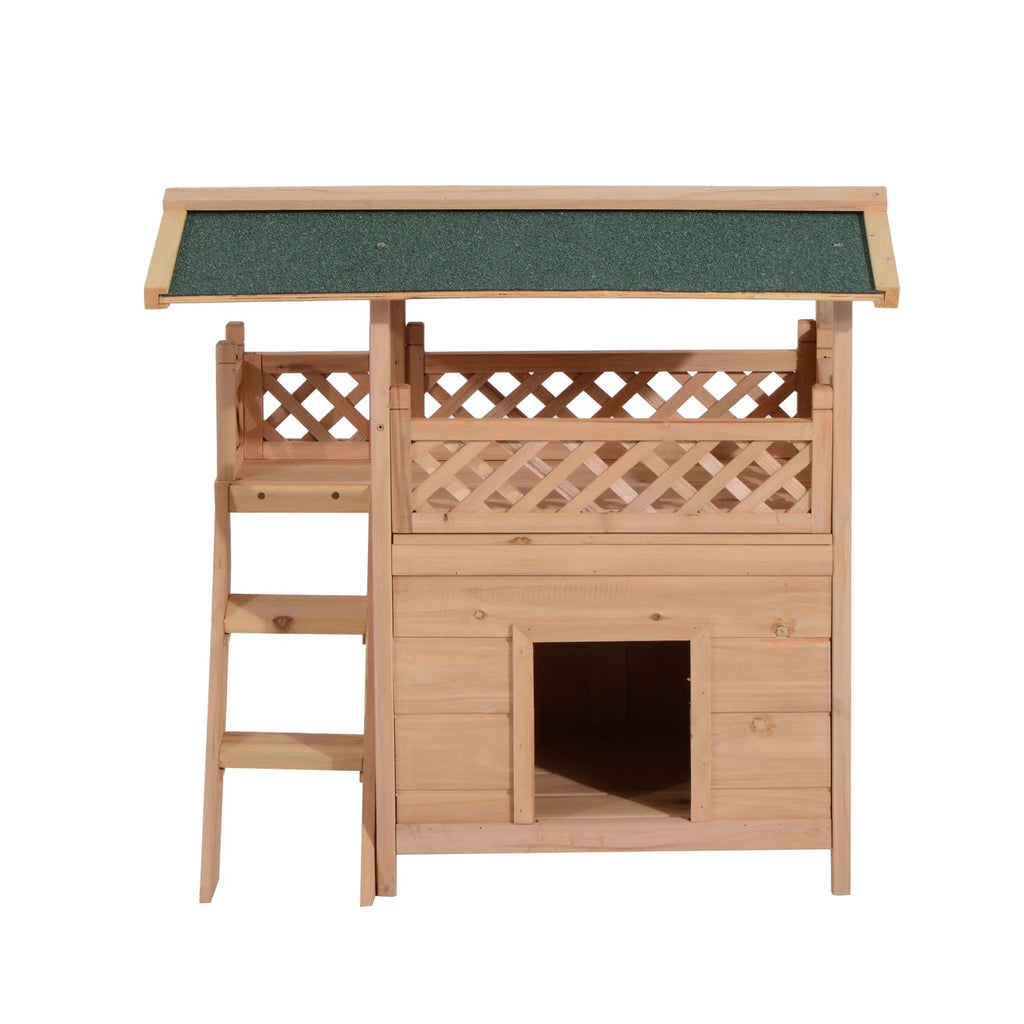 2-Story Wooden Cat House Shelter With Balcony Roof E8880