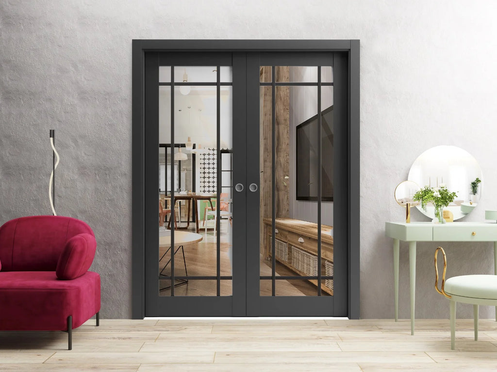 Matte Black Clear Glass Sliding French Double Pocket Doors Y72155